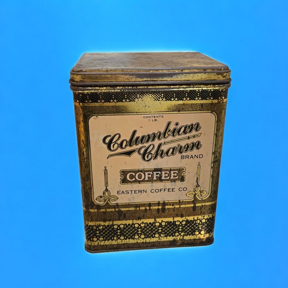 Vintage Kitchen Collectible Empty Tin Columbian Charm Eastern Coffee Advertising